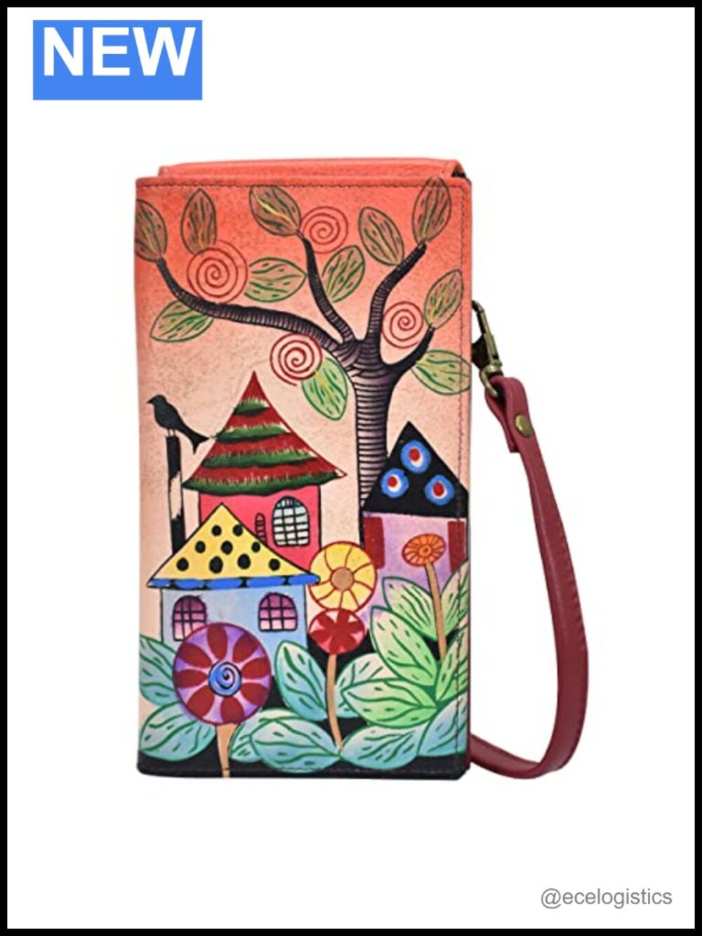 Hand-Painted Genuine Leather Phone Wallet Organizer Crossbody with Removable